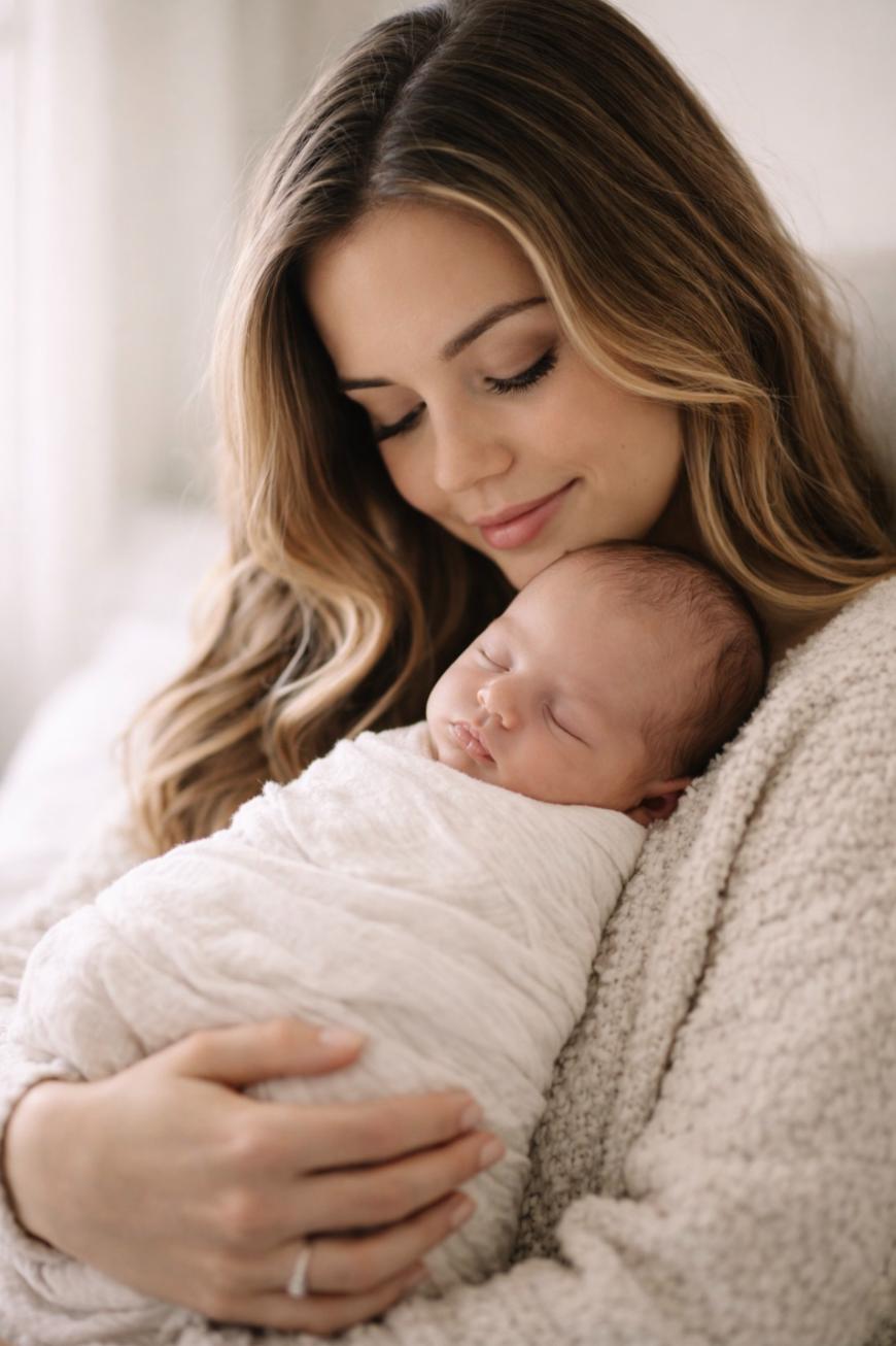 A woman with long, wavy hair gently holds a sleeping newborn wrapped in a soft white blanket, both appearing calm and content in a cozy, softly lit setting.