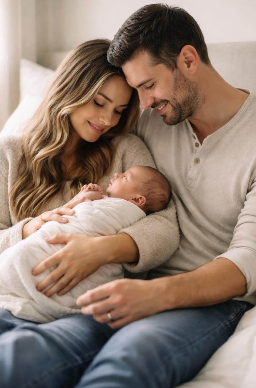 A smiling couple sits close together on a couch, lovingly cradling a newborn baby wrapped in a white blanket, creating a warm and tender family moment.