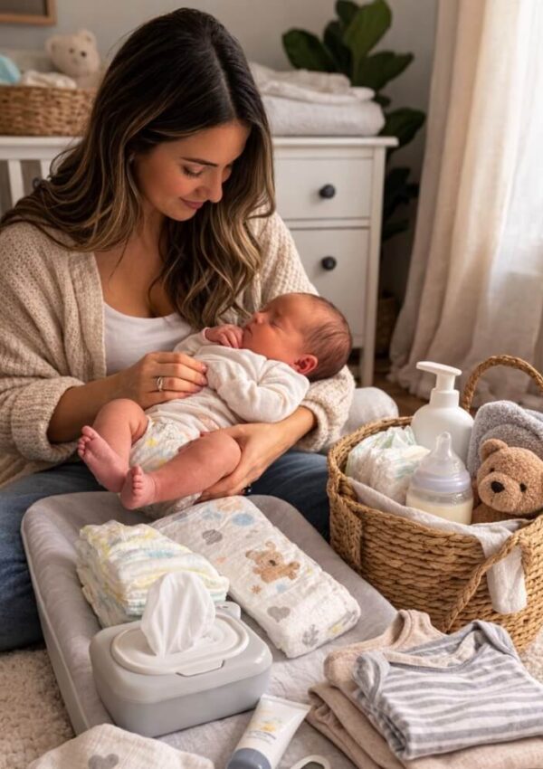 A woman sits on the floor in a nursery, lovingly holding a newborn baby. In front of her are baby essentials, including diapers, wipes, clothes, lotion, and a basket with a teddy bear and bottles.