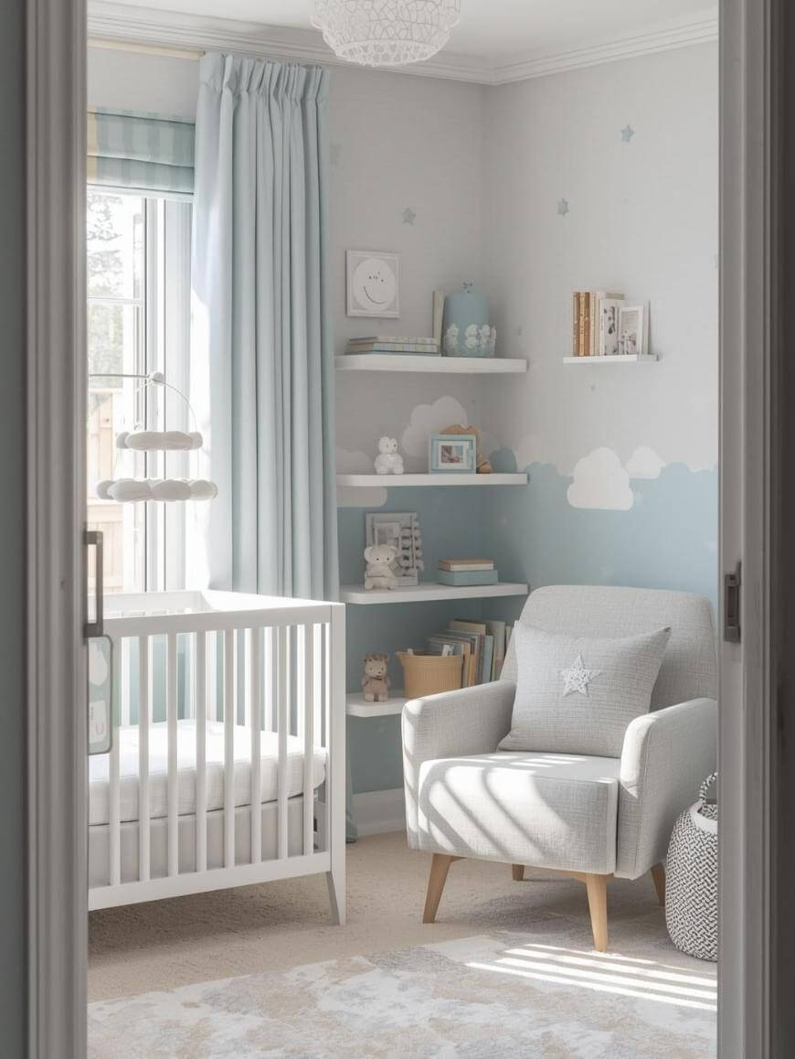A cozy nursery with a white crib, light gray armchair, shelves with toys and books, blue curtains, and cloud-themed wall decor. Soft light enters through a window, creating a calm, inviting atmosphere.