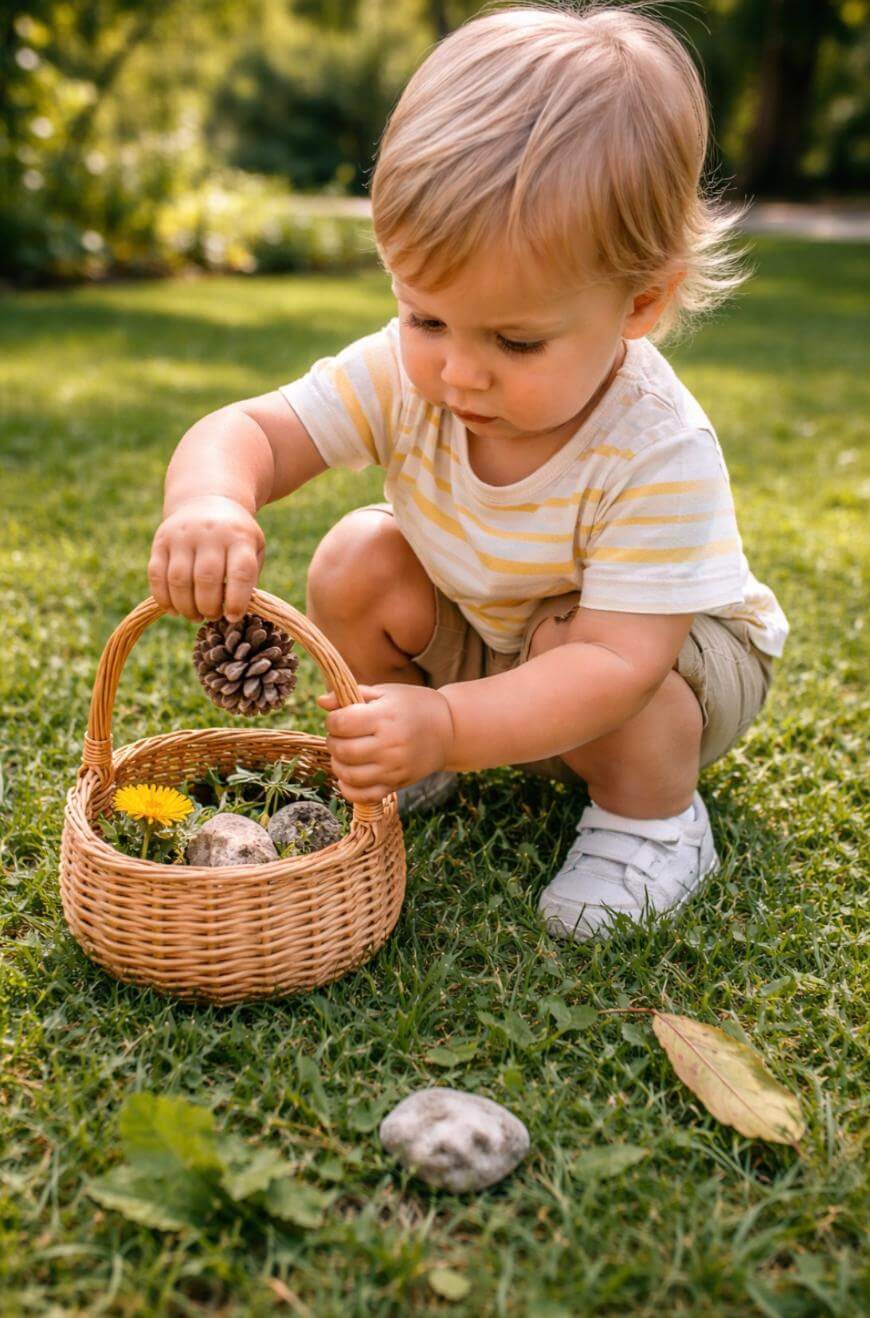 A young child squats on grass, placing a pine cone into a wicker basket filled with stones and a yellow flower on a sunny day outdoors.