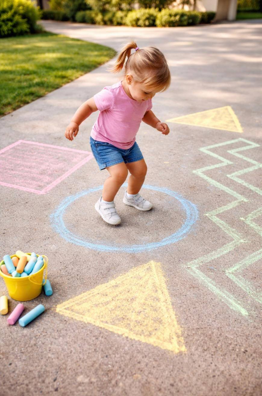 A young child in a pink shirt and denim shorts plays hopscotch on a sidewalk decorated with colorful chalk shapes, including a circle, square, triangle, and zigzag lines. A bucket of chalk sits nearby.