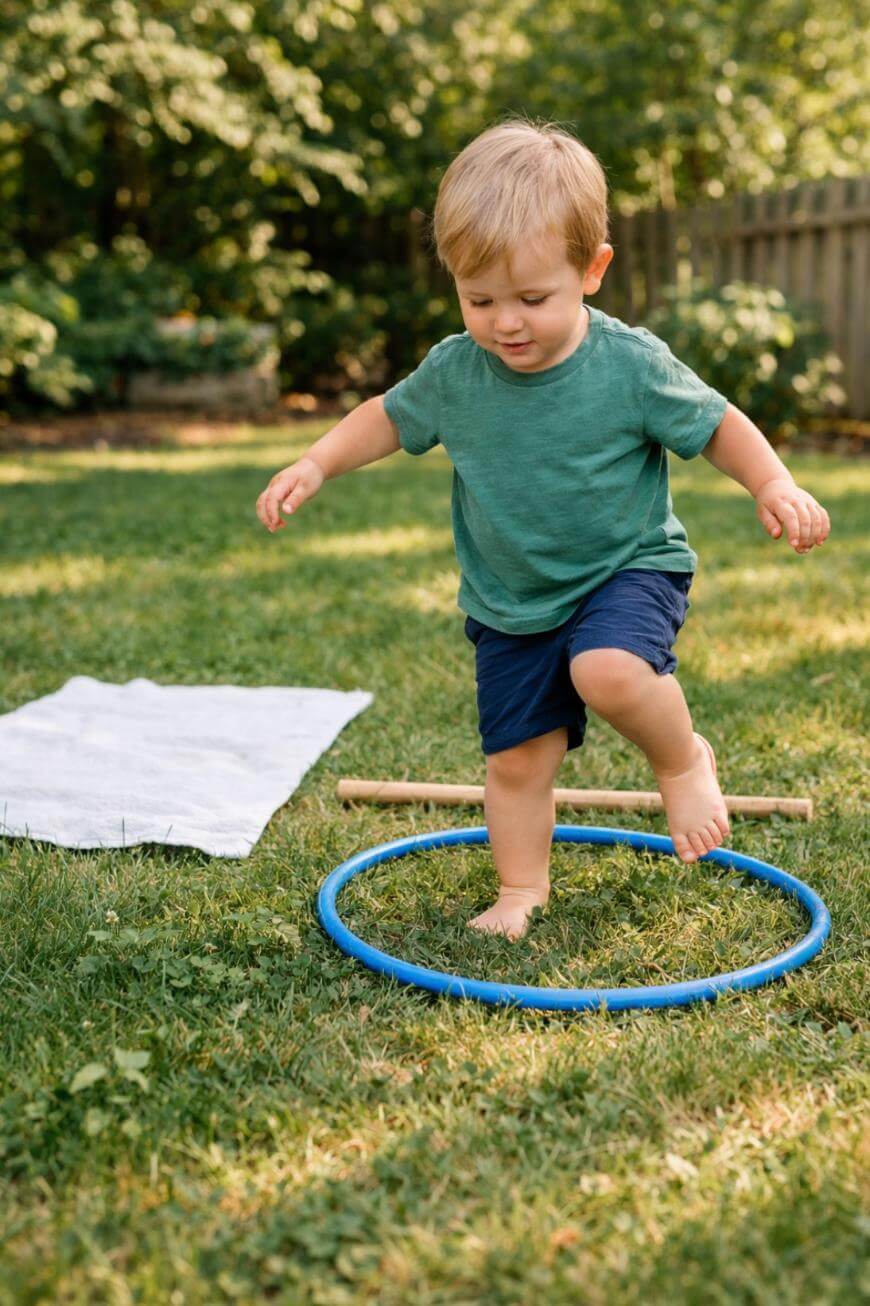 A young child wearing a green shirt and navy shorts steps barefoot into a blue hula hoop on grass in a sunny backyard, with a towel and wooden stick nearby.