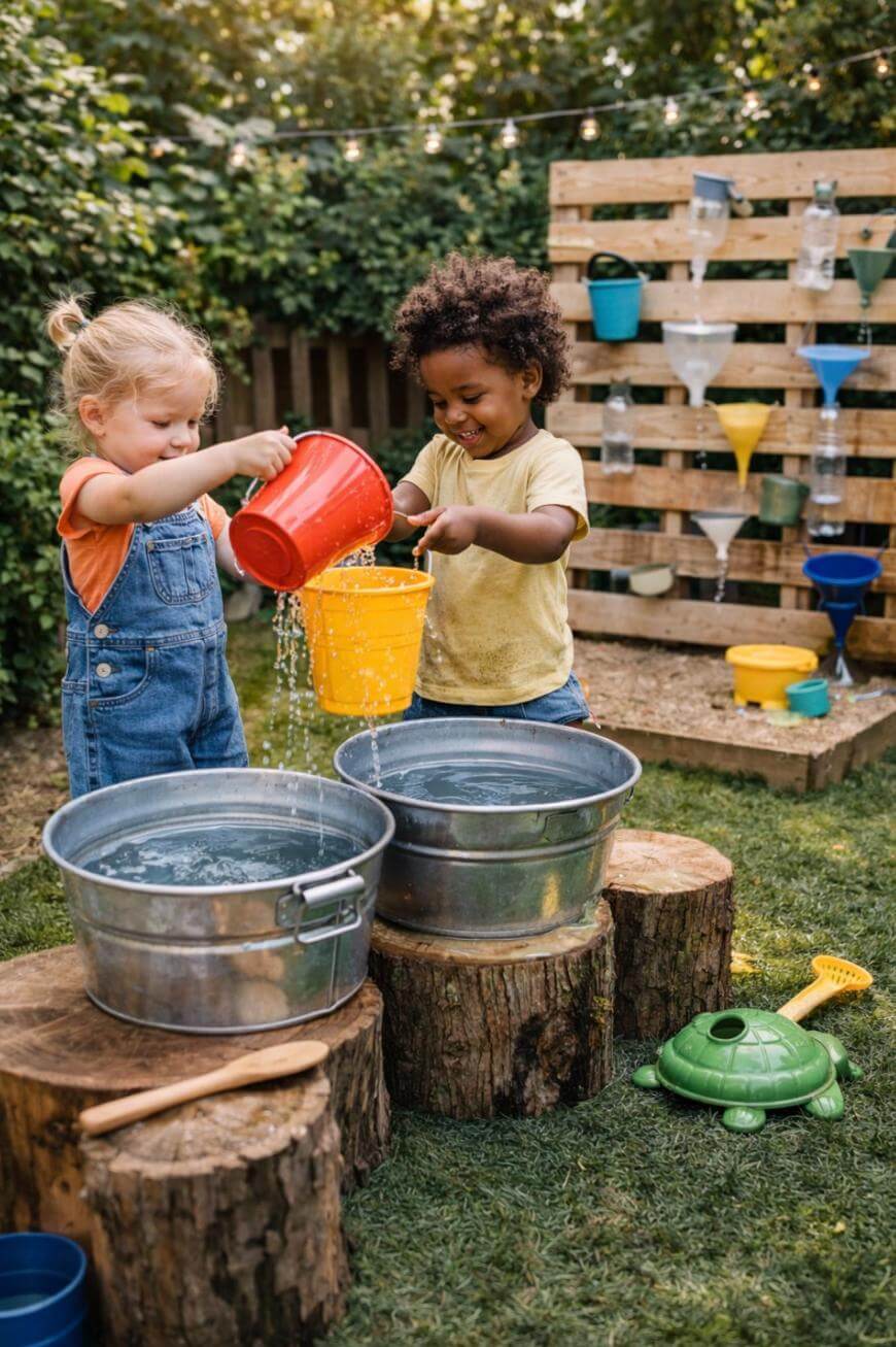 Two young children play with water, pouring it from red and yellow buckets into metal tubs outdoors. They stand on tree stumps, with a DIY water wall and toy turtle nearby, enjoying a sunny day in the backyard.