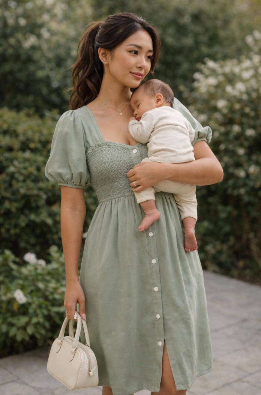 A woman in a light green dress holds a baby resting on her shoulder. She carries a small white purse and stands outdoors with greenery and white flowers in the background.
