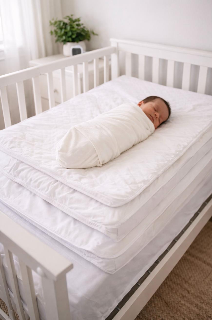 A swaddled baby sleeps on top of several stacked crib mattresses in a white crib, with a small plant on a nearby nightstand in a softly lit room.