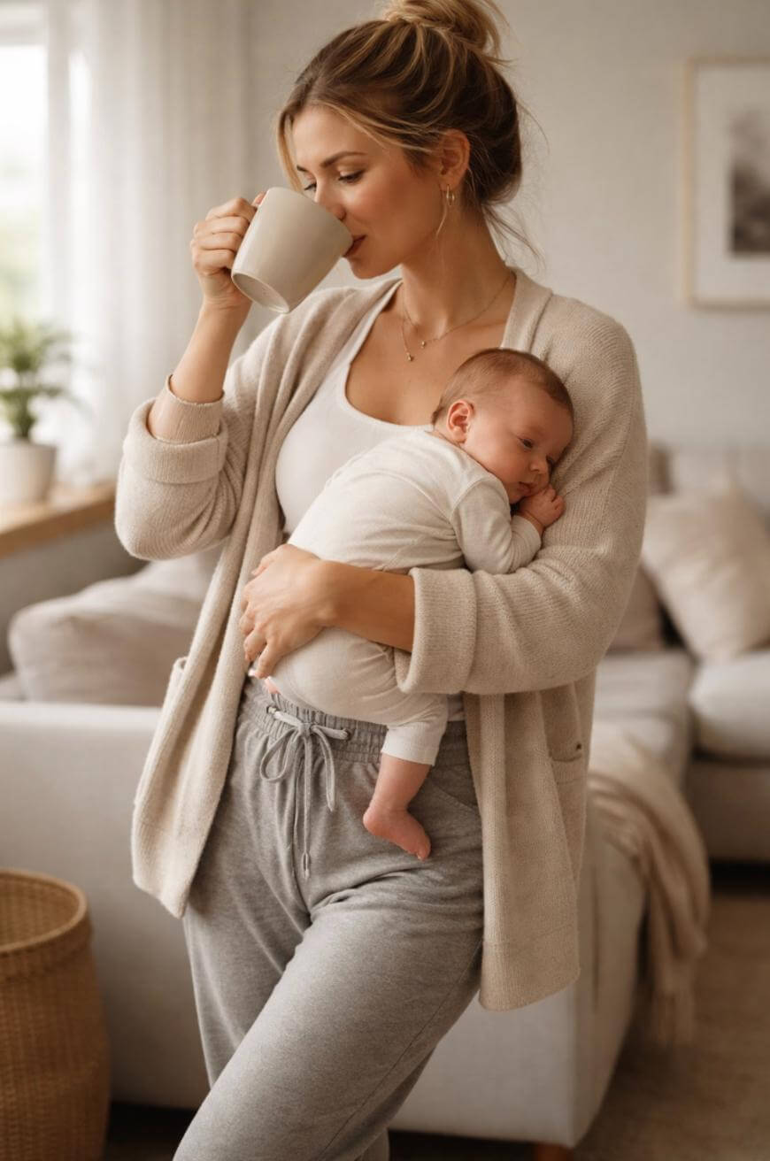 A woman in cozy loungewear holds a sleeping baby on her chest with one arm while sipping from a mug in a softly lit, comfortable living room.