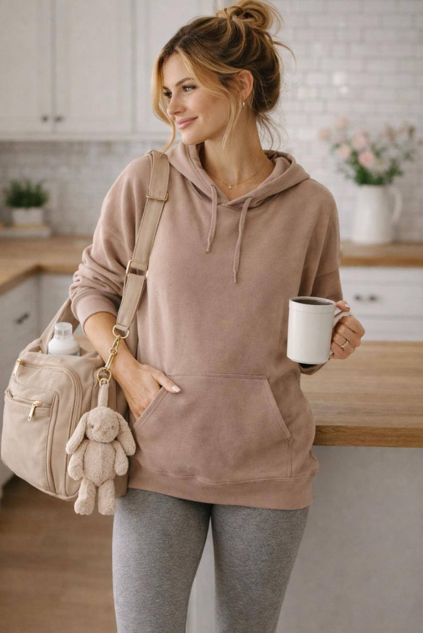 A woman in a mauve hoodie and gray leggings stands in a kitchen, holding a mug and a beige bag with a stuffed bunny keychain. She has her hair in a messy bun and is smiling slightly, looking to the side.