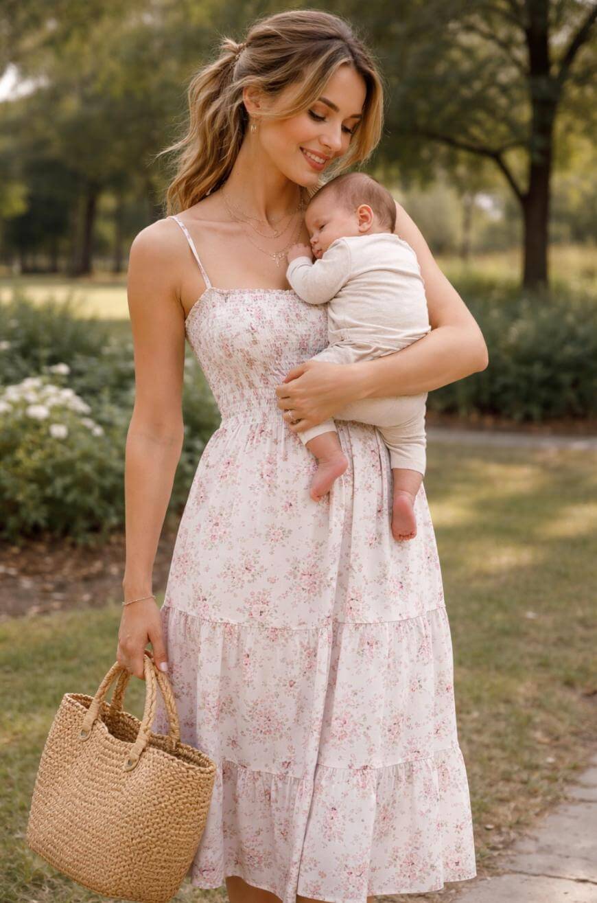 A woman in a light floral dress holds a sleeping baby in her arms while standing outdoors. She smiles gently and carries a woven straw bag. Greenery and trees are visible in the background.