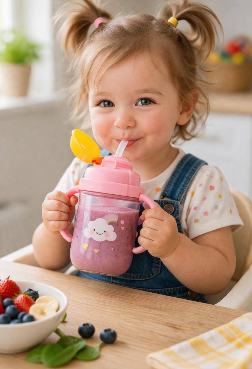 A young child with pigtails smiles while drinking a purple smoothie from a pink sippy cup with a cloud design. She sits at a table with a bowl of fresh fruit in front of her.