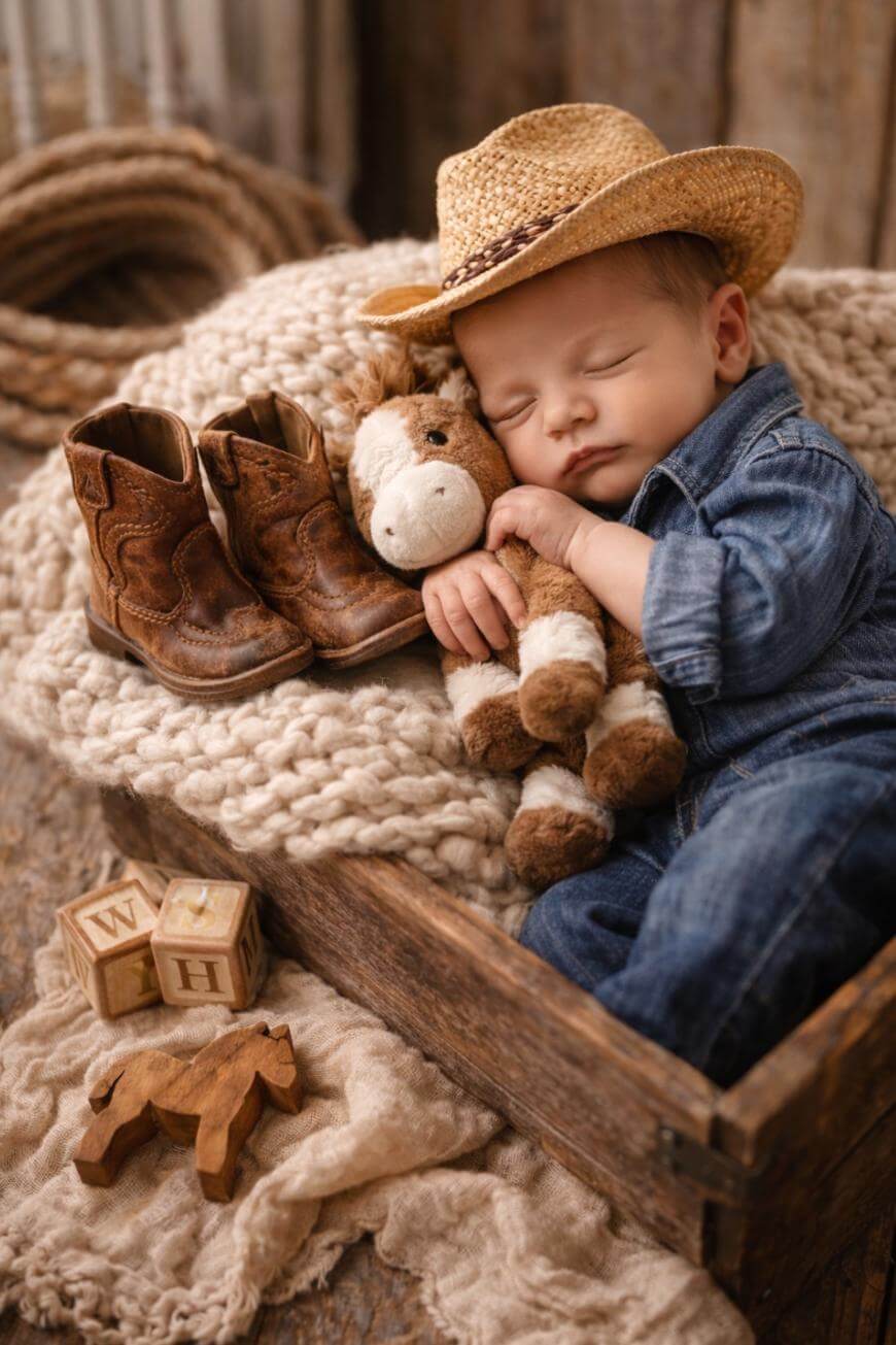 A baby in denim overalls and a cowboy hat sleeps in a wooden crate, hugging a plush horse. Beside the baby are brown cowboy boots, wooden blocks, and a small wooden horse, all on a cozy knitted blanket.
