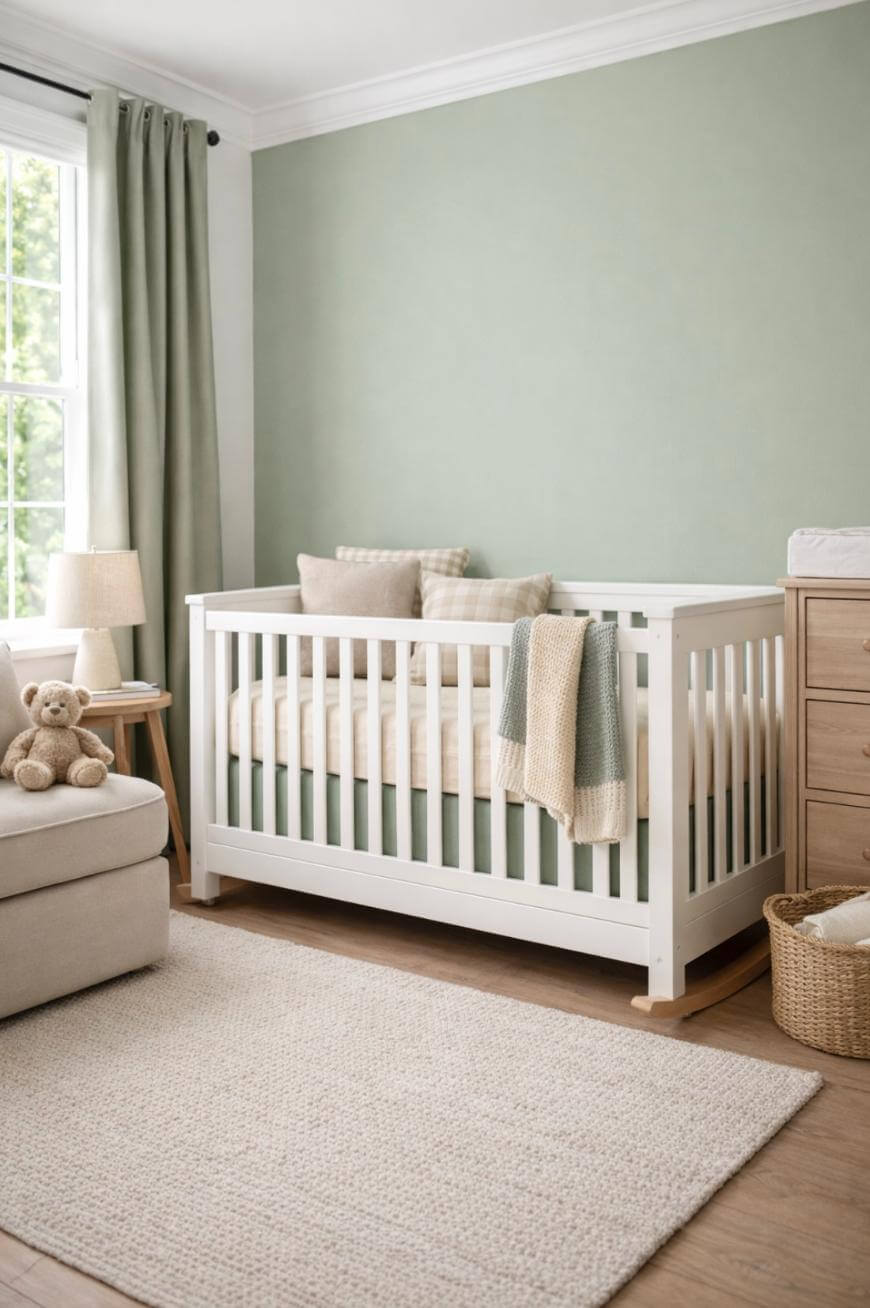 A cozy nursery with a white crib, neutral bedding, and soft pillows. There’s a beige armchair with a teddy bear, a wooden dresser with a changing pad, a woven basket, and a large window with green curtains.