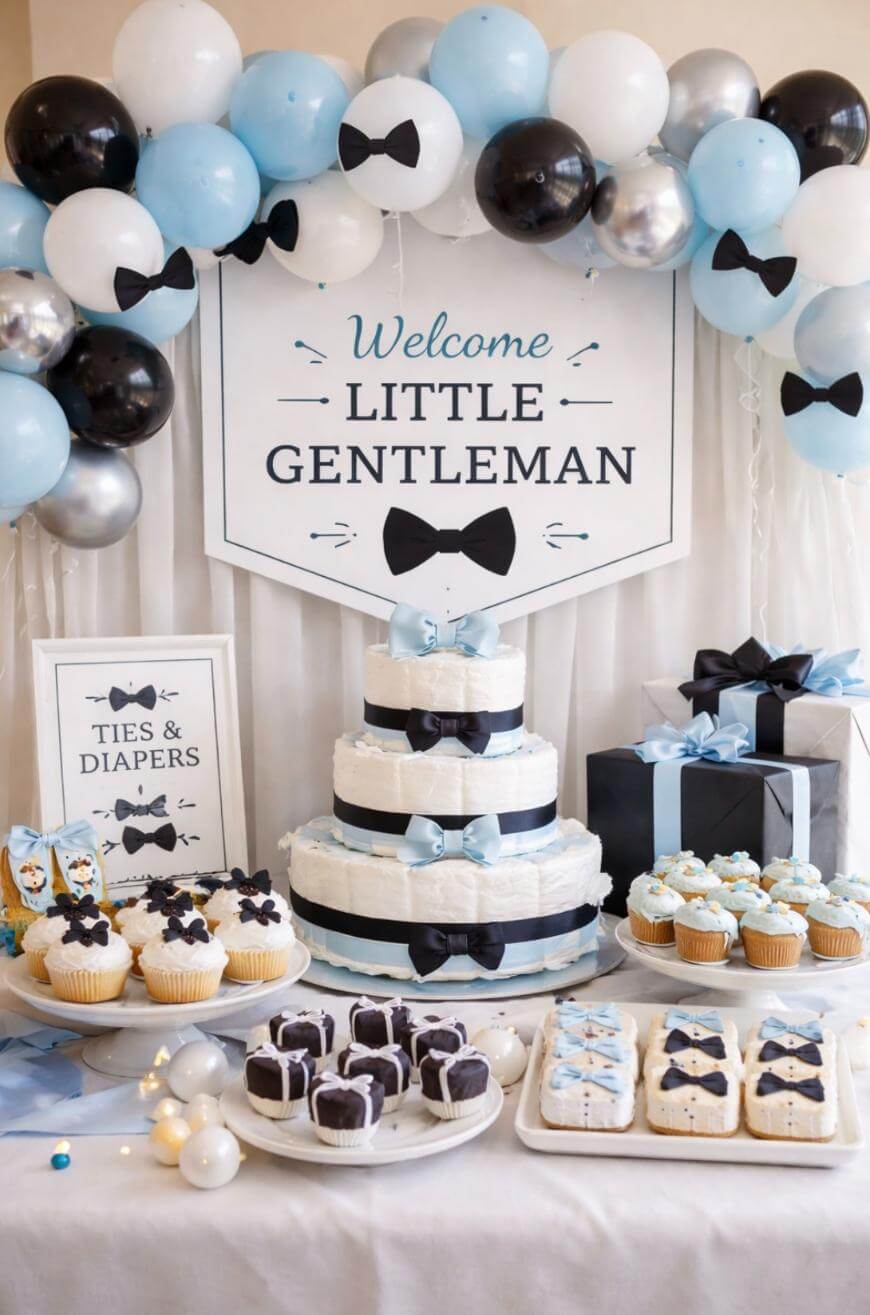 A baby shower dessert table decorated with black, white, and blue balloons, a “Welcome Little Gentleman” sign, bowties, cupcakes, cookies, a diaper cake, and gifts, all themed for a baby boy.