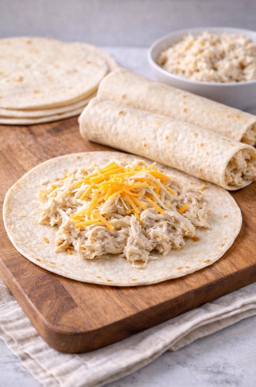 A tortilla on a wooden board topped with shredded chicken and grated cheese, with rolled tortillas and a bowl of chicken mixture in the background.