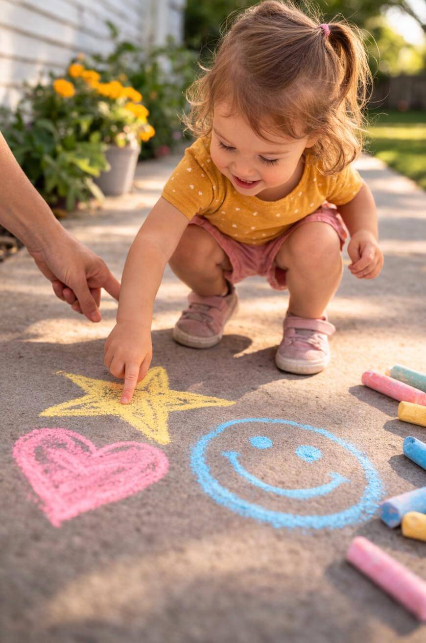 A young child squats on a sidewalk, smiling and pointing at colorful chalk drawings of a heart, star, and smiley face. An adult hand points at the star. Chalk pieces and a flower pot are nearby.