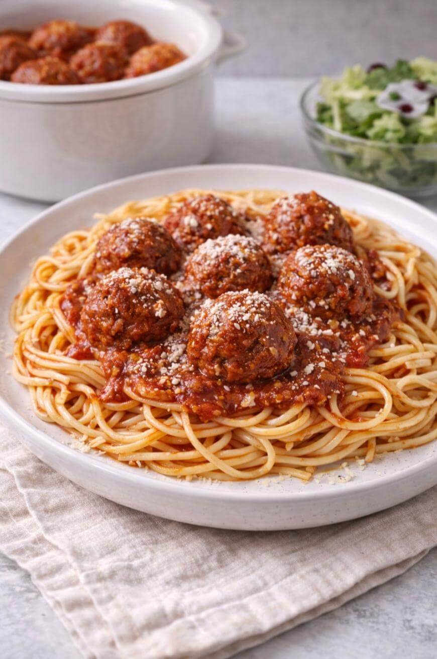 A plate of spaghetti topped with marinara sauce and meatballs, sprinkled with grated cheese. In the background, there is a bowl of salad and a dish with extra meatballs.