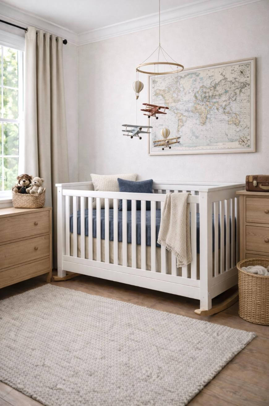 A cozy nursery with a white crib, blue and beige bedding, a blanket draped on the rail, and a hanging mobile with airplanes and hot air balloons. The room has a world map on the wall, wood furniture, and a soft rug.