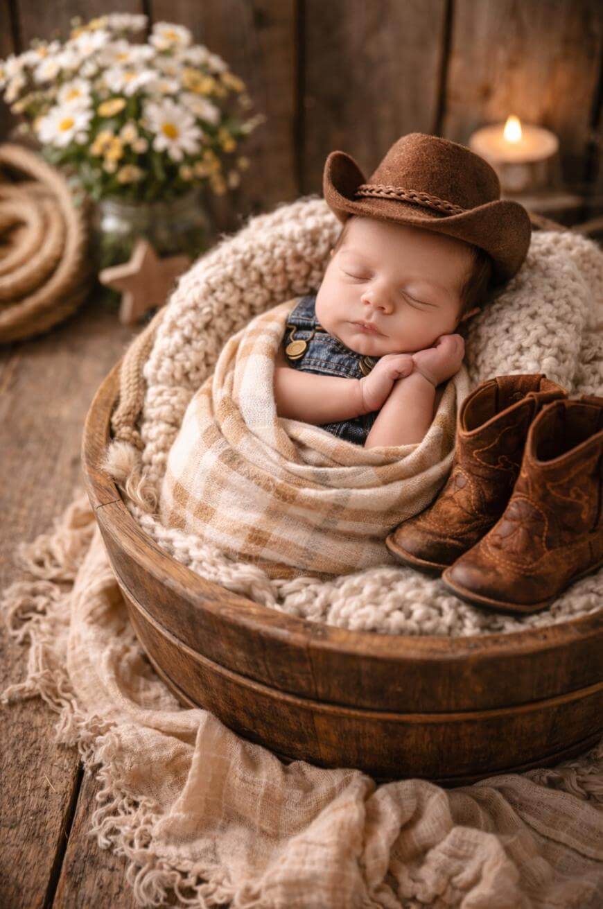A sleeping baby wearing a brown cowboy hat and denim overalls is wrapped in a plaid blanket and nestled in a wooden bowl, with a pair of cowboy boots nearby. Rustic decor and flowers are in the background.