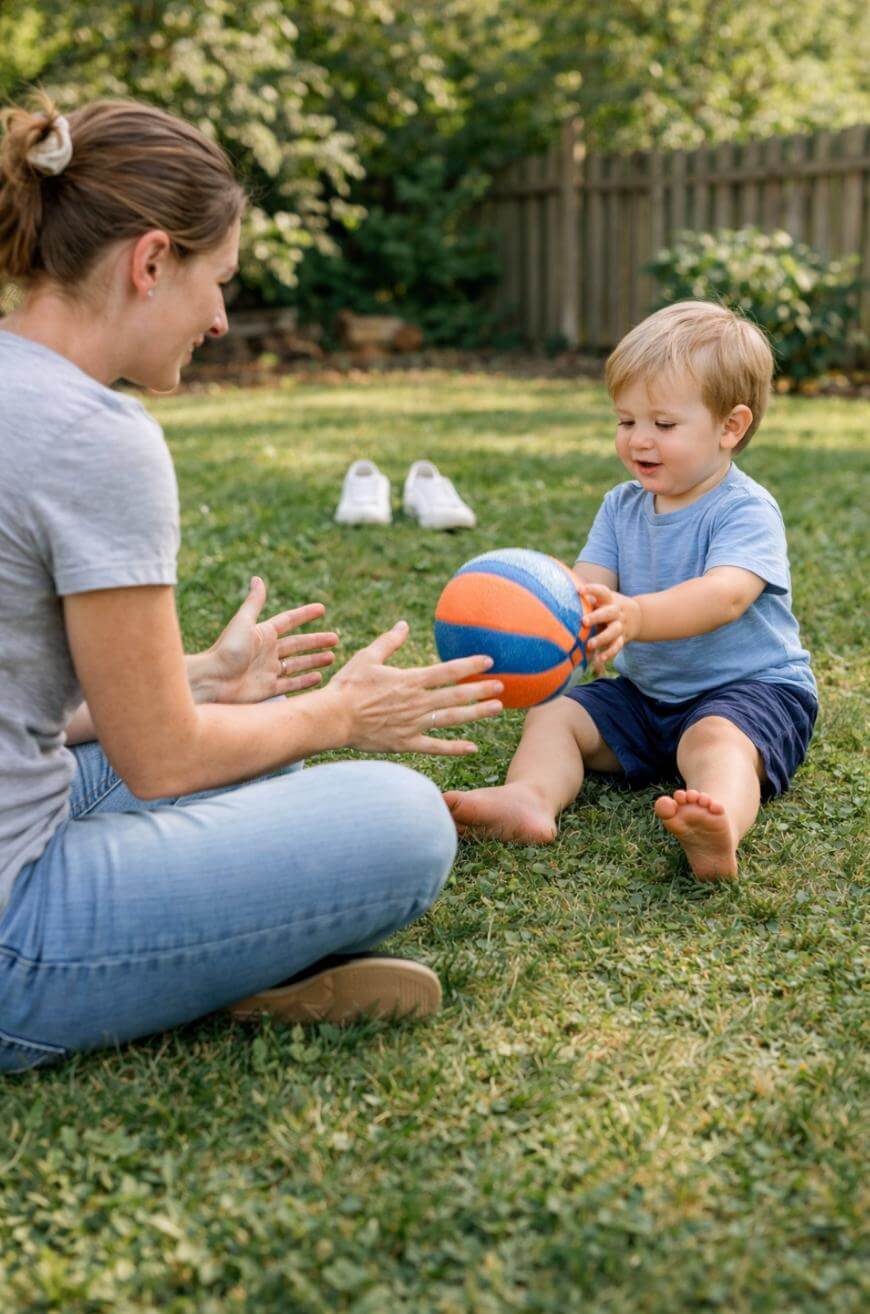 A woman and a young child sit on the grass outside, playing with a blue and orange ball. The child smiles while holding the ball, and the woman holds out her hands. A pair of white shoes is in the background.