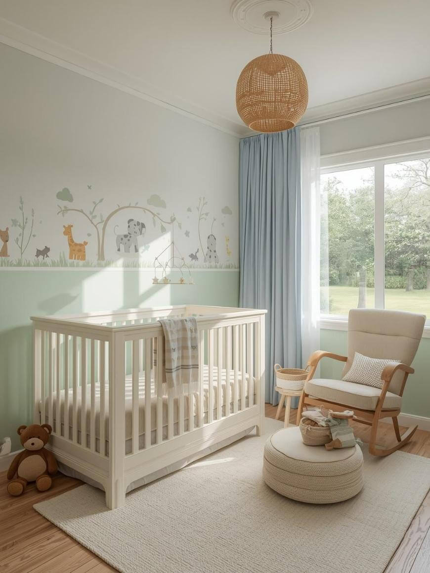 A cozy nursery with a white crib, wooden rocking chair, round ottoman, stuffed bear, and an animal-themed wall mural. Soft blue curtains frame a large window, letting in natural light, and a wicker pendant light hangs overhead.