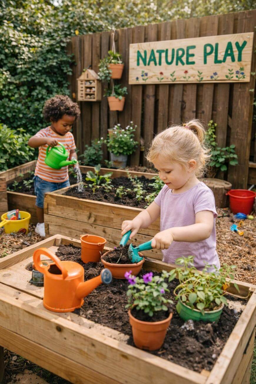 Two young children play in a garden area labeled Nature Play, one digging in soil with a trowel and the other watering plants in raised beds. The space is decorated with pots, plants, and wooden planters.