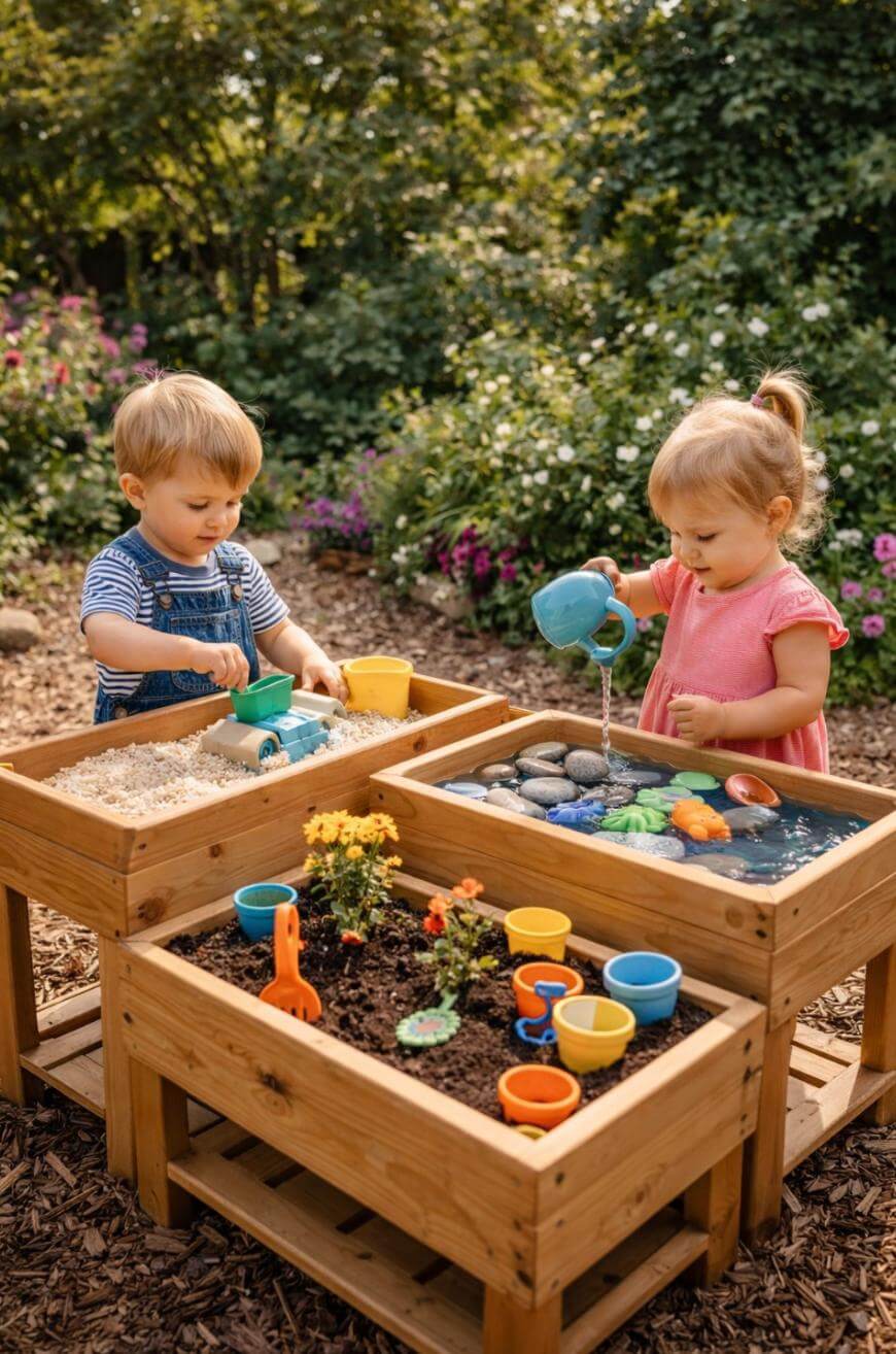 Two young children play at a wooden sensory table outdoors, exploring sand, water, and soil with colorful cups and toy tools, surrounded by green plants and flowers in a garden setting.