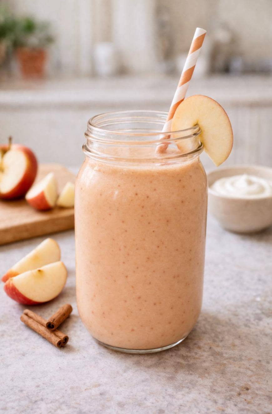 A creamy apple smoothie in a mason jar with a striped paper straw and an apple slice garnish. Sliced apples, cinnamon sticks, and a small bowl are visible in the background on a light countertop.