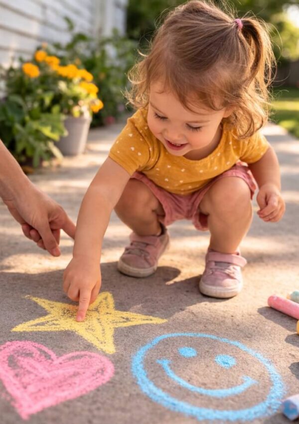 A young child squats on a sunny sidewalk, smiling and pointing at colorful chalk drawings of a heart, a star, and a smiley face. An adult hand points beside her. Flowers and chalk pieces are nearby.