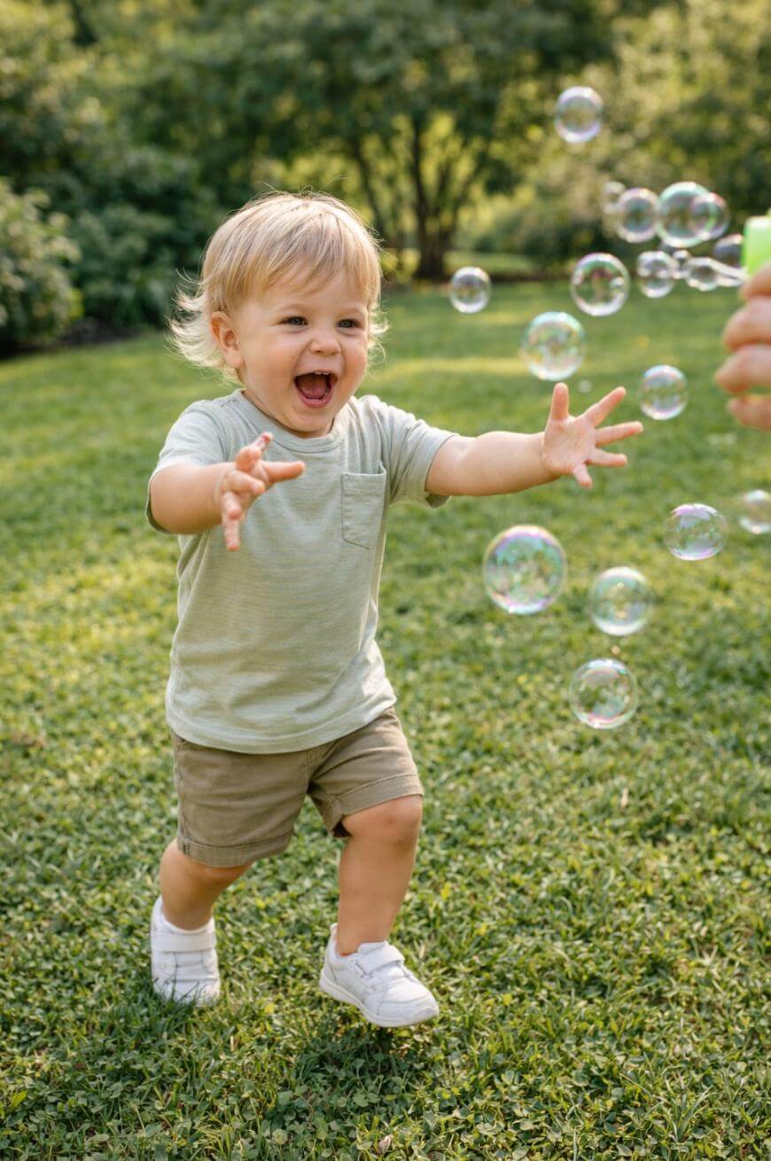 A young child, smiling and excited, runs on grass with arms outstretched toward floating bubbles in a sunny outdoor setting. Trees and greenery are visible in the background.