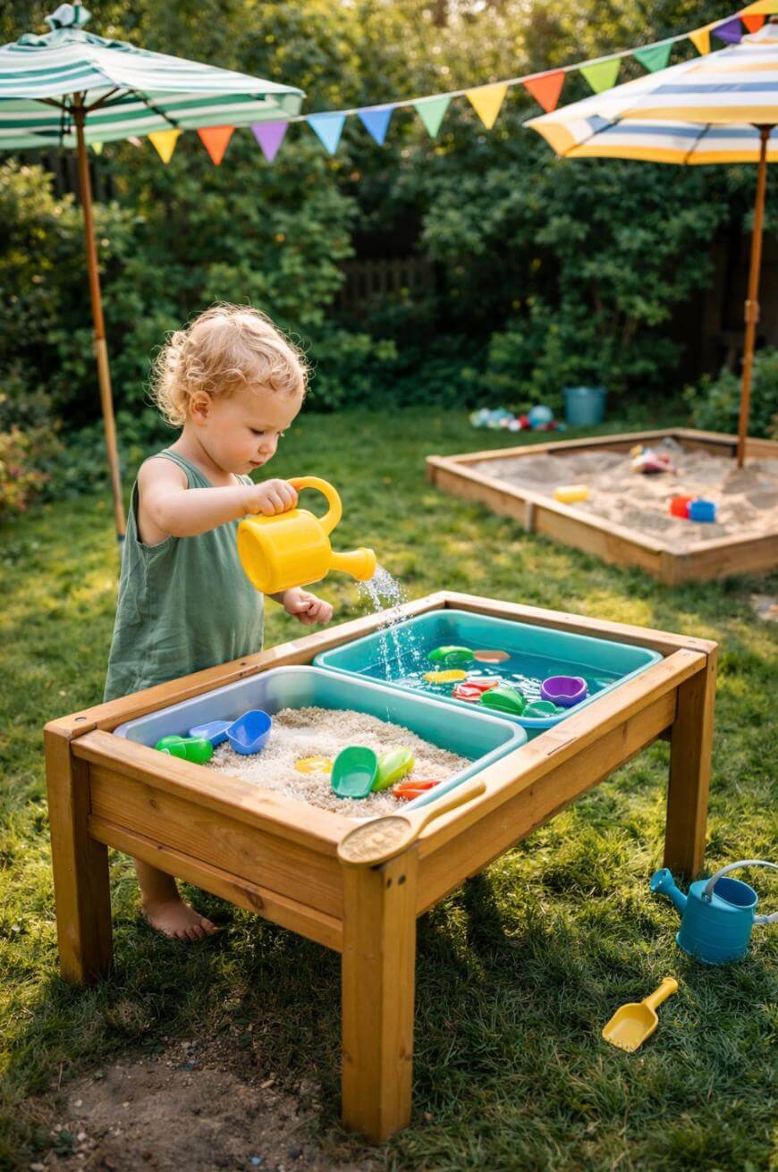 A young child plays with sand and water at a wooden play table outdoors, pouring water from a yellow watering can. Colorful toys are scattered on the table. Umbrellas and festive bunting decorate the sunny garden.