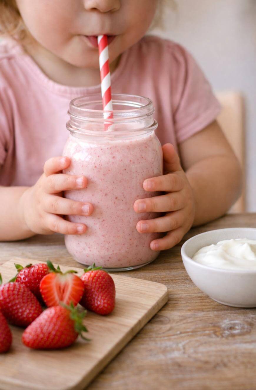 A young child in a pink shirt drinks a strawberry smoothie from a mason jar with a red and white straw. Fresh strawberries and a bowl of yogurt sit on a wooden table in front of them.