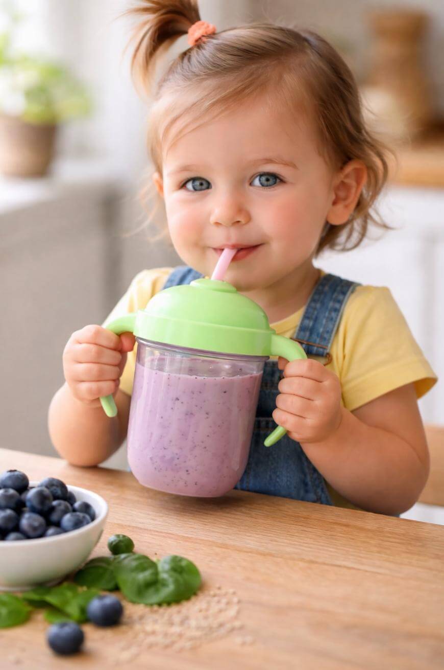 A young child with blue eyes and light brown hair, wearing a yellow shirt and denim overalls, drinks a purple smoothie from a green sippy cup. A bowl of blueberries sits on the table in front of her.