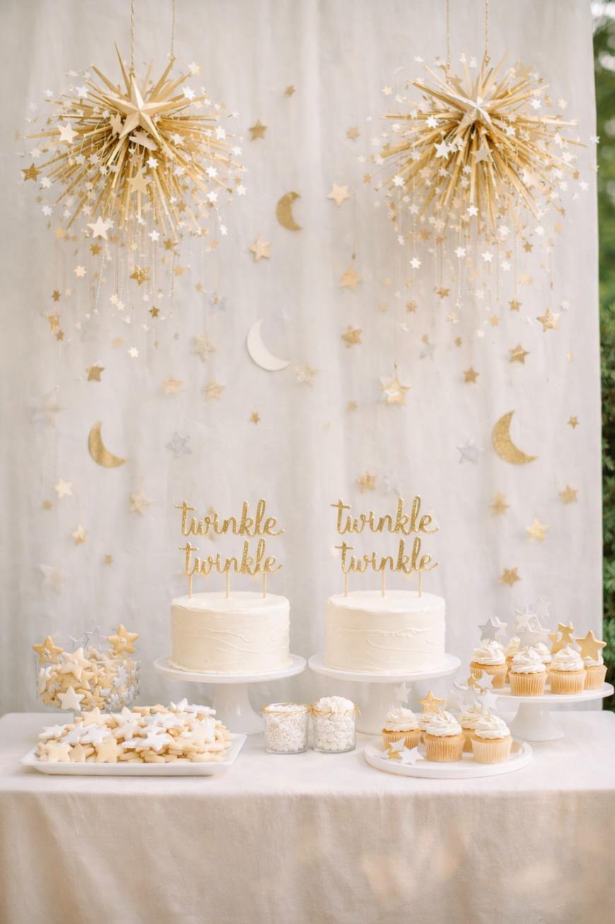 A dessert table decorated with gold stars and moons features two white cakes with twinkle twinkle toppers, star-shaped cookies, cupcakes, and marshmallows, with gold starburst decorations hanging above.