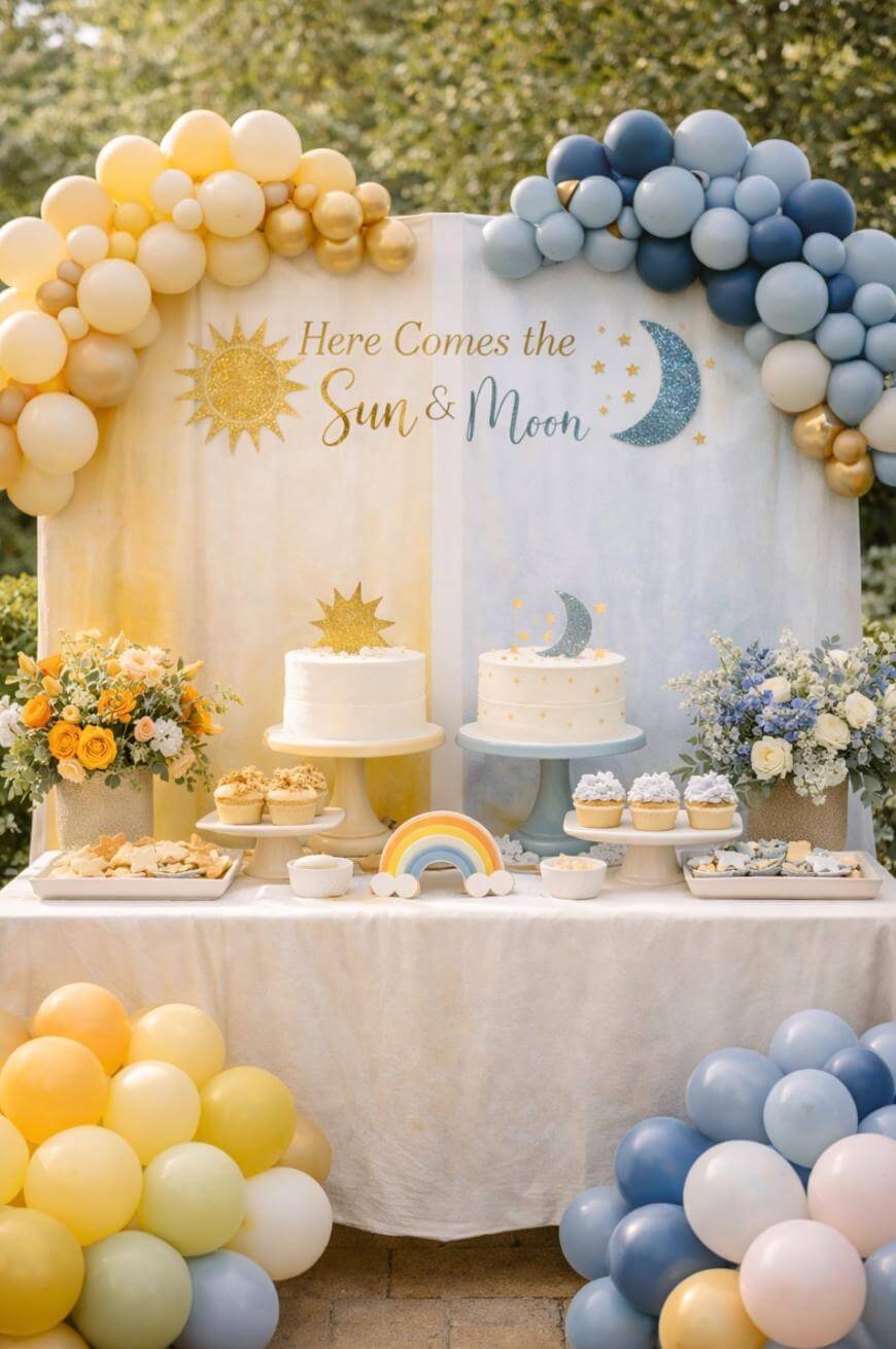 A dessert table with yellow and blue balloon garlands, cakes, cupcakes, cookies, and flowers. A backdrop reads “Here Comes the Sun & Moon” with sun and moon illustrations. Decor has a pastel, celestial theme.
