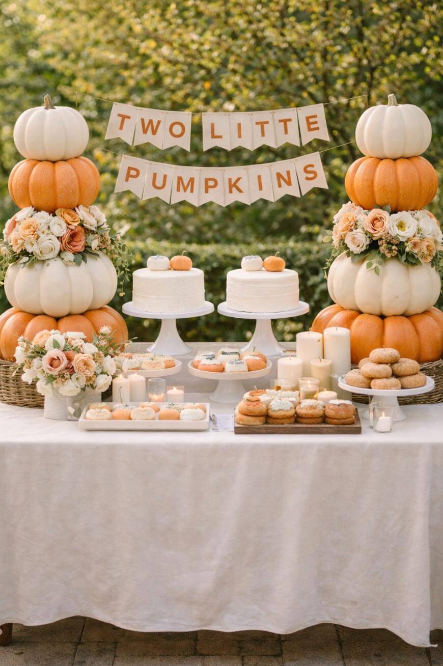 A fall-themed dessert table with stacked white and orange pumpkins, floral arrangements, cakes, candles, and pastries. A banner reads Two Little Pumpkins against a backdrop of green trees.