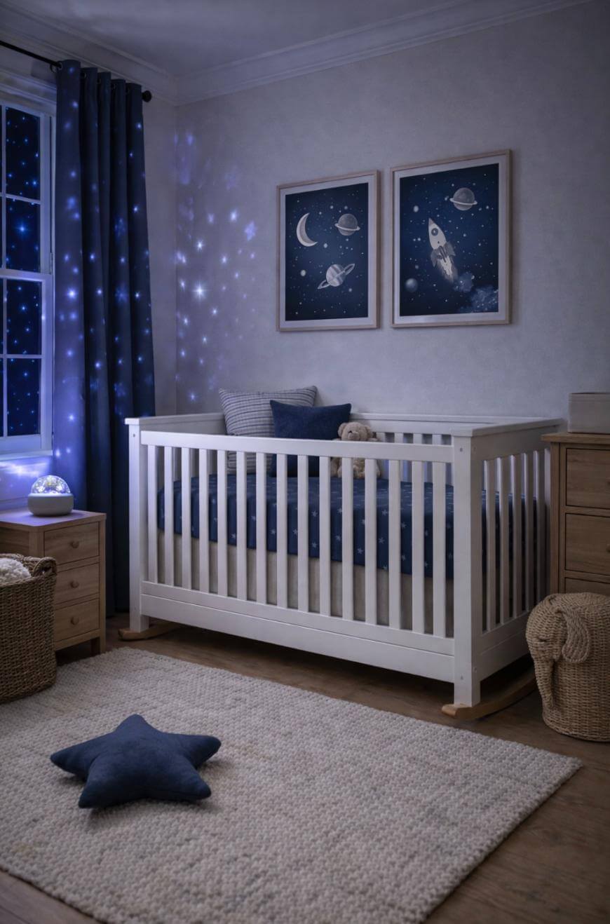 A cozy nursery with a white crib, star-themed blue bedding, and space-themed wall art. Blue curtains with star patterns and a star-shaped pillow on a beige rug add to the nighttime, celestial atmosphere.