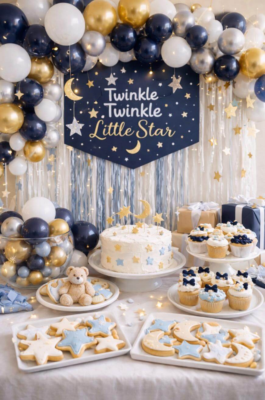 A “Twinkle Twinkle Little Star” themed party table decorated with white, blue, and gold balloons, a cake with a moon and stars, cupcakes, star-shaped cookies, presents, and a stuffed bear.