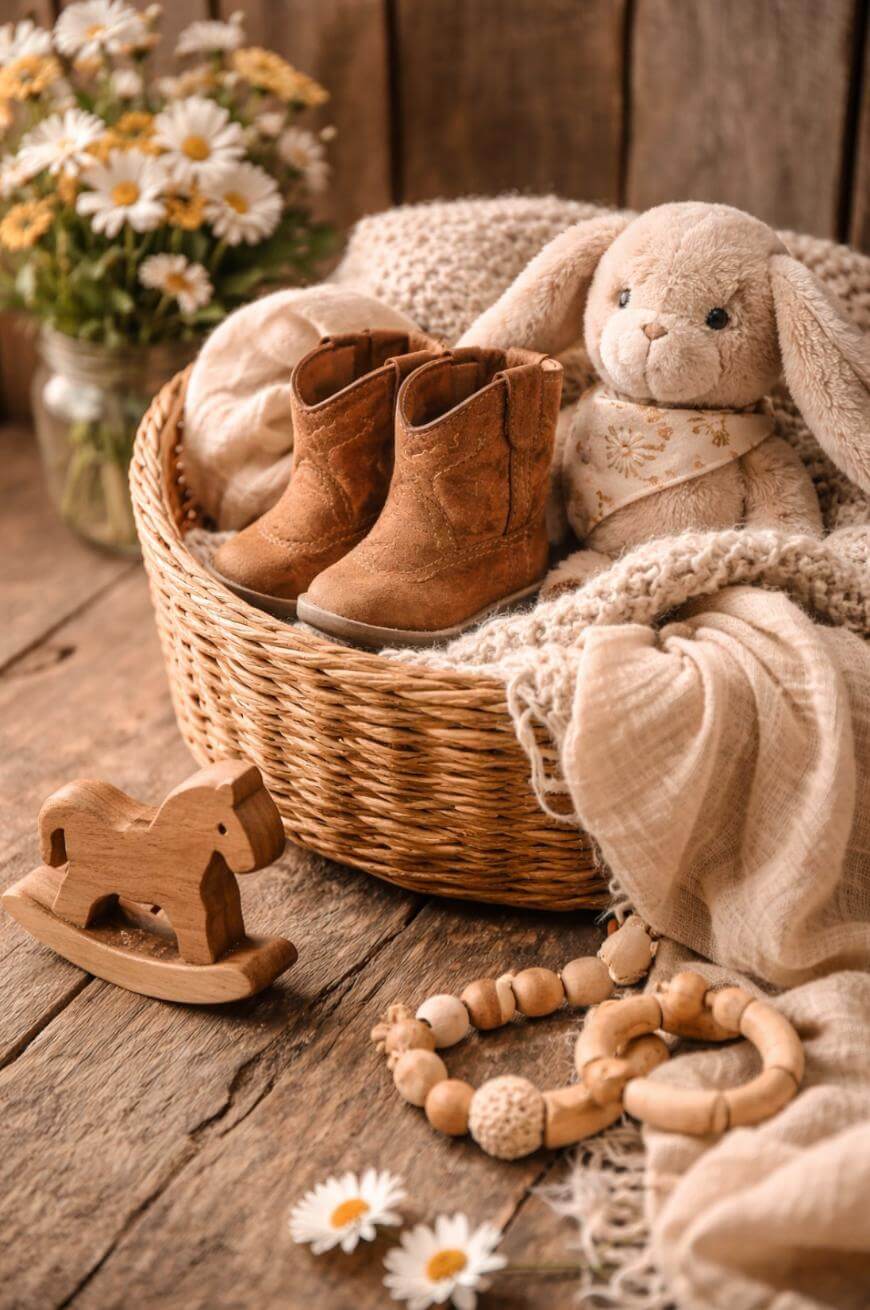 A wicker basket with a stuffed bunny, brown baby boots, and a knit blanket sits on a wooden surface. Nearby are a wooden rocking horse toy, a beaded teether, daisies, and a jar of flowers.