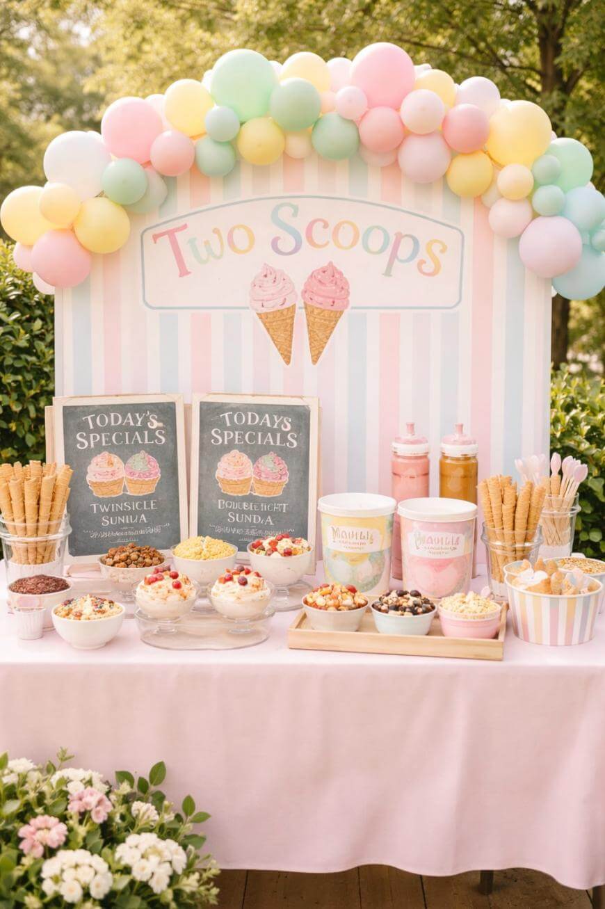 A pastel-themed ice cream sundae bar features a Two Scoops sign with balloons, various toppings, waffle cones, and tubs of ice cream neatly arranged on a pink tablecloth outdoors.