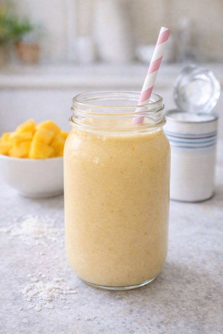 A mason jar filled with a creamy yellow smoothie, topped with a pink and white striped straw. In the background, there’s a white bowl with pineapple chunks and a white canister on a light countertop.