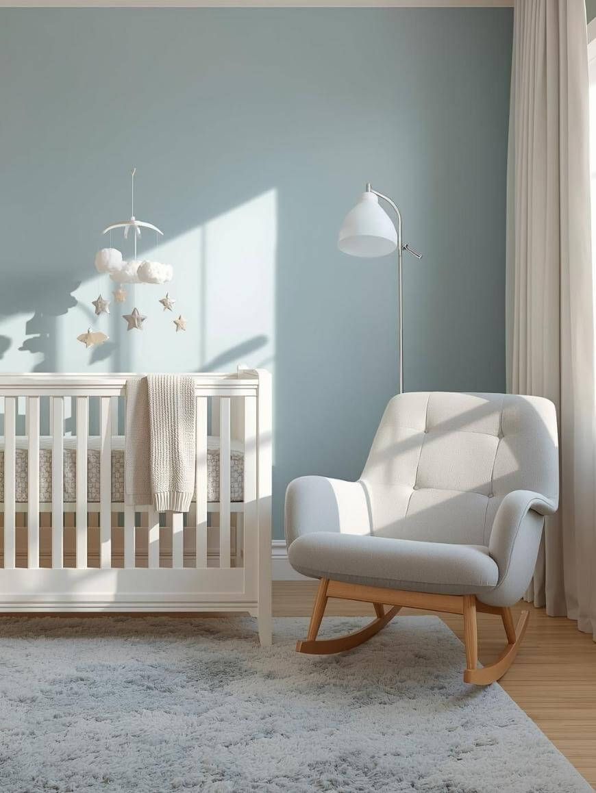A cozy nursery with a white crib, a beige blanket draped over the side, a mobile with clouds and stars, a modern white rocking chair, a floor lamp, and soft natural light streaming through sheer curtains.