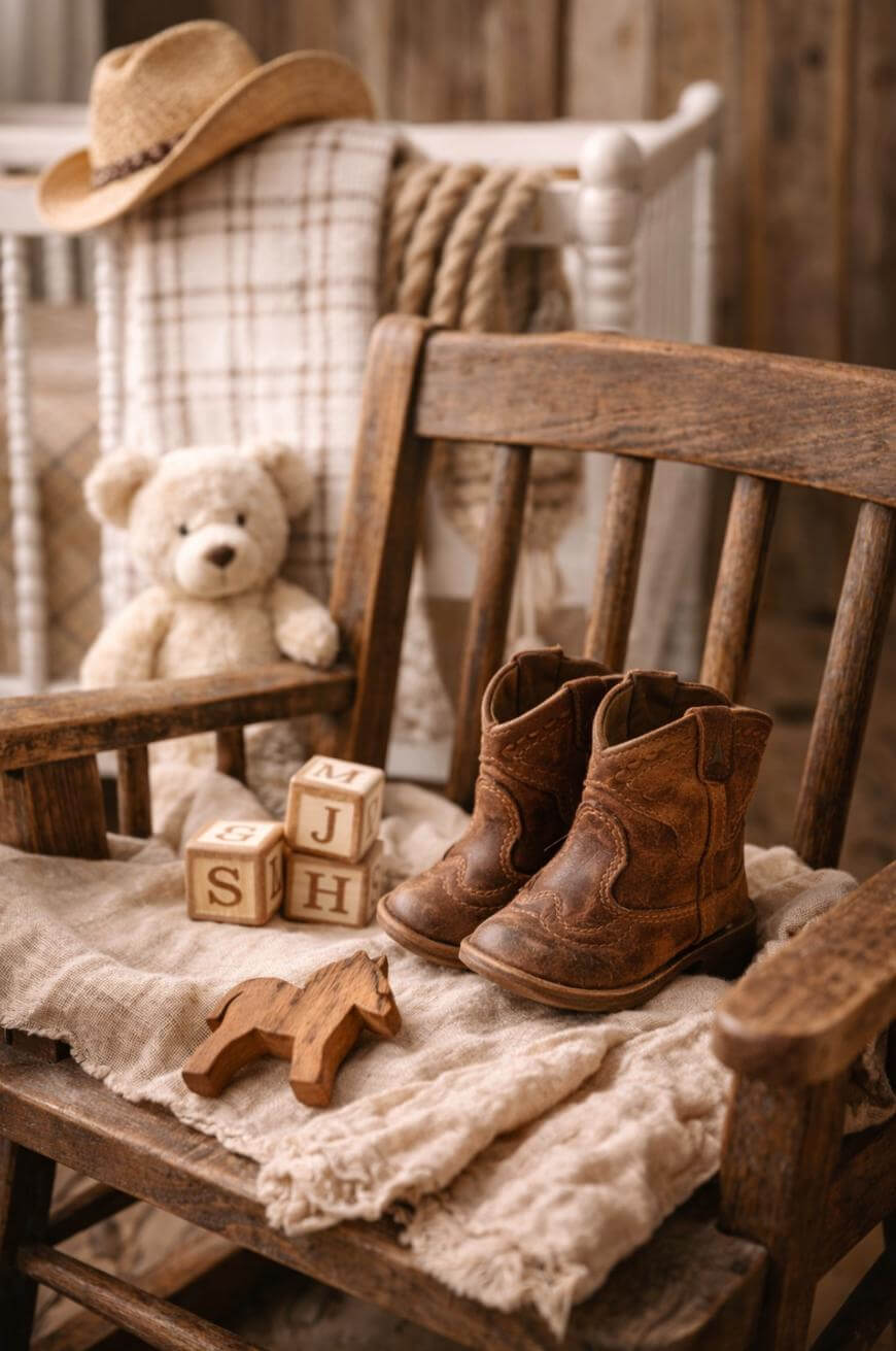 Brown cowboy boots, wooden toy blocks, and a small wooden horse rest on a rustic rocking chair with a blanket. A teddy bear and plaid blanket are in the background, along with a crib and straw hat, creating a cozy, country nursery scene.