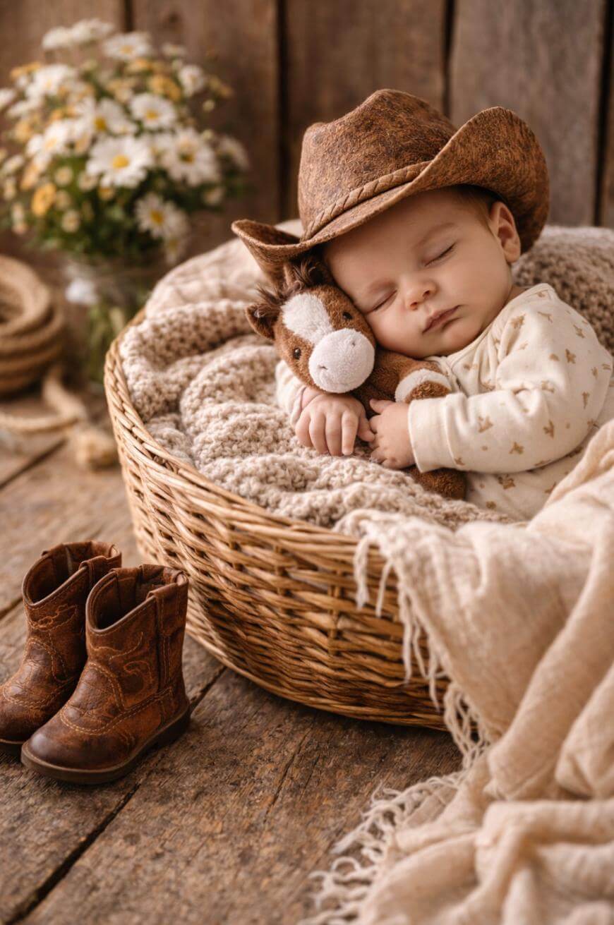 A baby wearing a brown cowboy hat sleeps in a wicker basket, cuddling a plush horse toy. Nearby are small brown cowboy boots and a beige blanket, with a bouquet of daisies in the background.