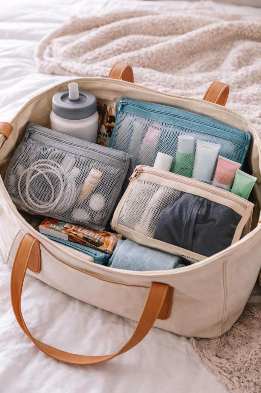 A beige travel bag with brown handles sits on a bed, filled with mesh pouches containing toiletries, rolled clothes, a water bottle, snacks, and charging cords.