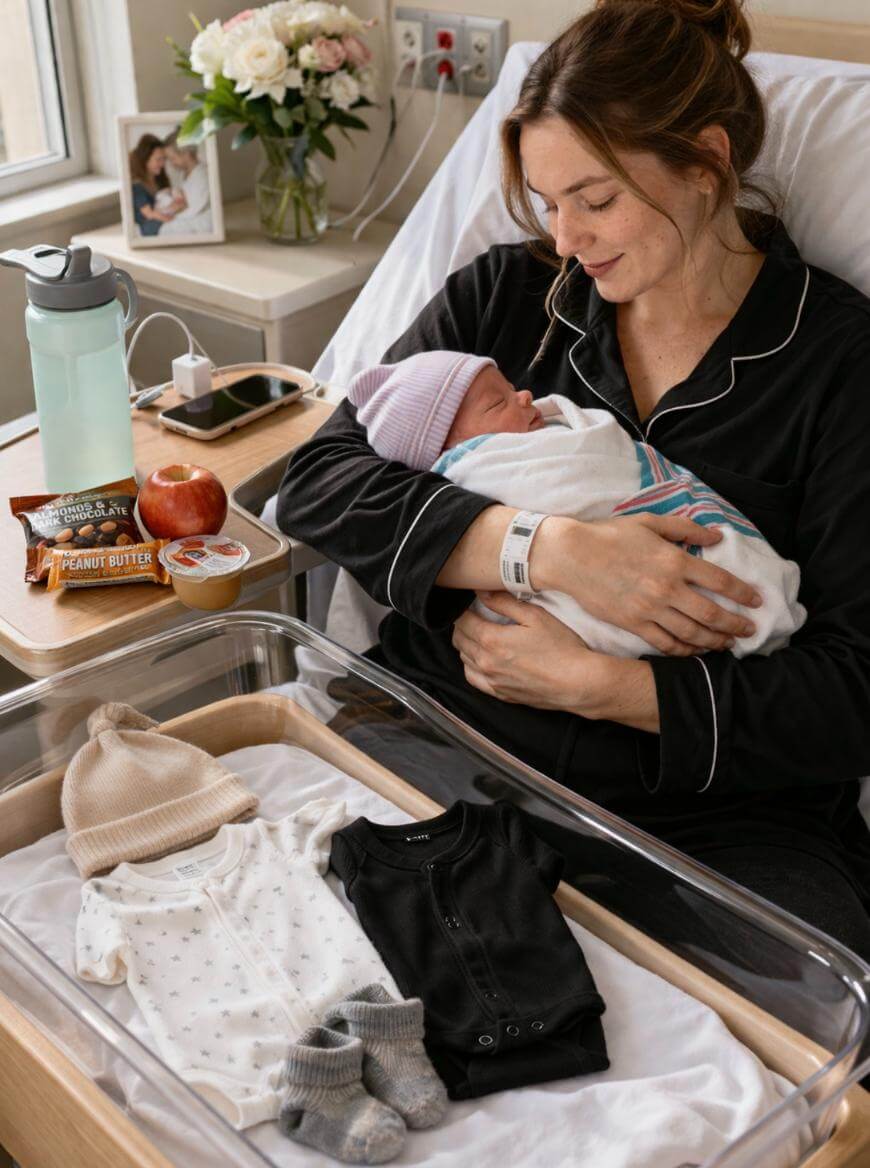 A woman in pajamas sits on a hospital bed, smiling and holding a newborn wrapped in a blanket. On a tray beside her are snacks, a water bottle, and an apple. Baby clothes and socks are laid out in a bassinet nearby.
