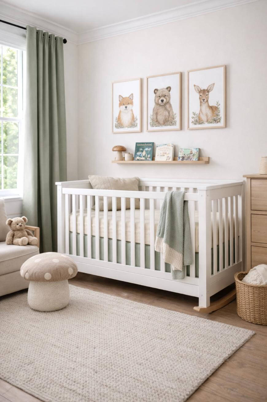 A cozy nursery with a white crib, green curtains, and animal art on the wall. A mushroom-shaped ottoman, stuffed teddy bear, books, and soft rug complete the serene, nature-themed room.