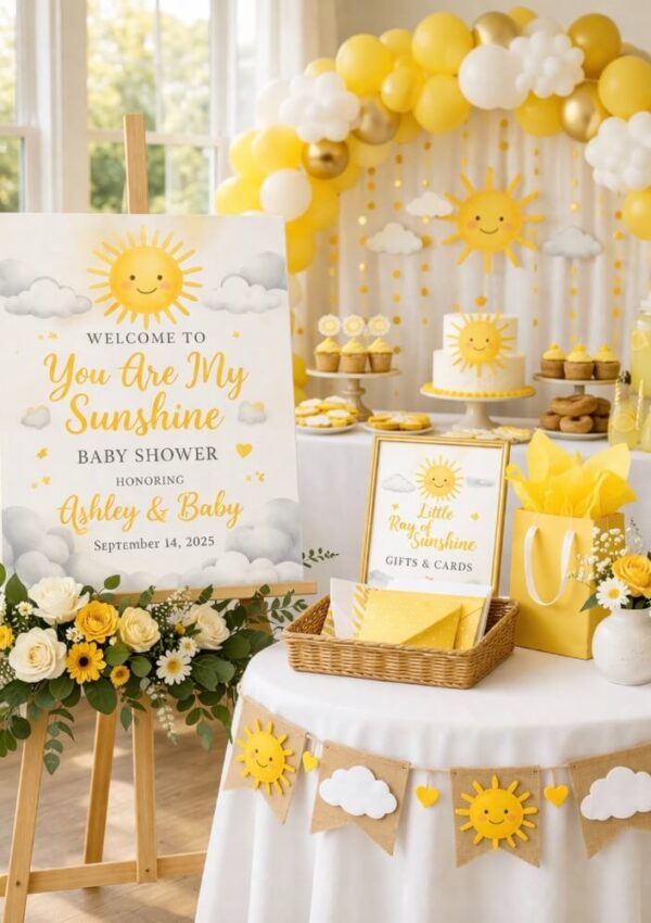 A baby shower decorated in a yellow and white “You Are My Sunshine” theme with sun and balloon decorations, flowers, a welcome sign, treats, and a table for gifts and cards, all in a sunny, cheerful style.