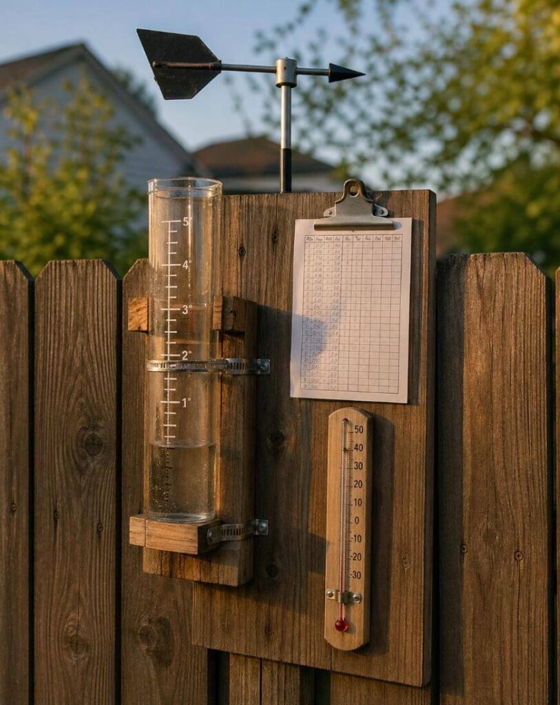 A wooden fence with a weather station setup, including a rain gauge, a wind vane, a thermometer, and a clipboard with a weather data chart attached. Houses and trees are visible in the background.