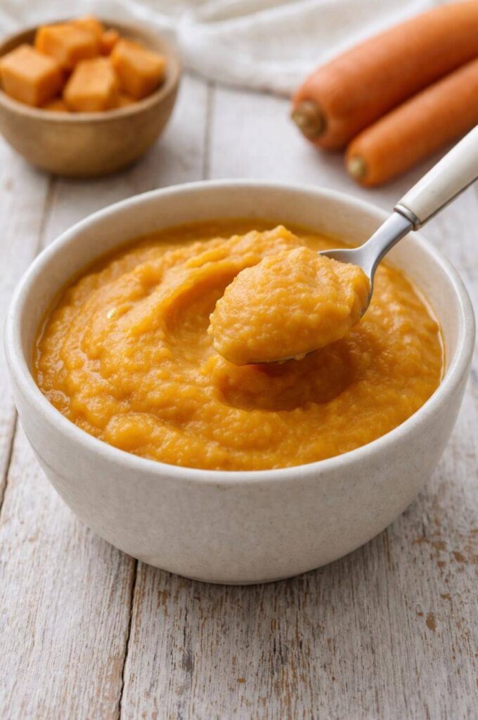 A bowl of smooth orange puree with a spoonful lifted up, set on a rustic wooden table. In the background, there are two whole carrots and a small bowl of cubed orange vegetables.