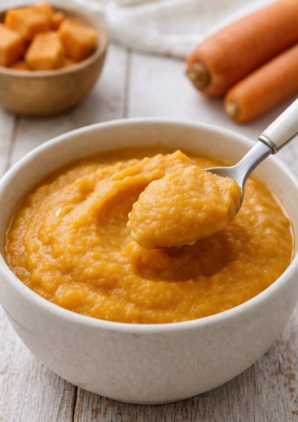 A bowl of smooth orange puree with a spoonful lifted, placed on a light wooden surface. Whole carrots and a small bowl of cubed vegetables are in the background.